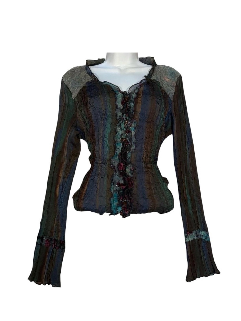 Alberto Makali Striped Ruffle button beaded Blouse